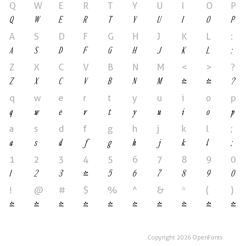 Character Map of FONTSPRING DEMO - Ten Twenty ExtLt Italic