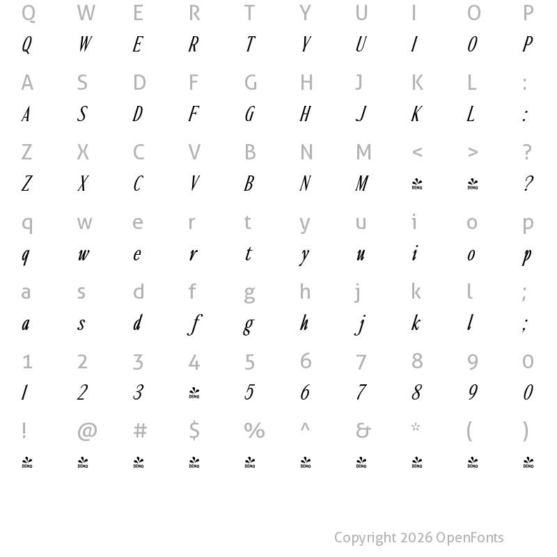 Character Map of FONTSPRING DEMO - Ten Twenty Light Italic