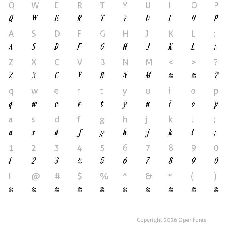 Character Map of FONTSPRING DEMO - Ten Twenty Med Italic