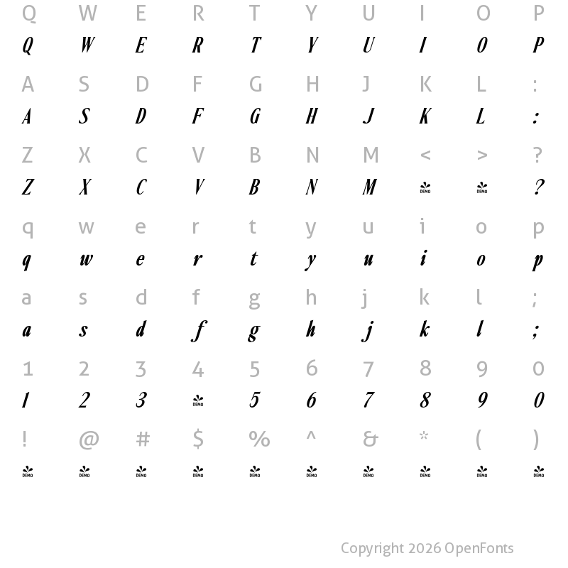 Character Map of FONTSPRING DEMO - Ten Twenty SemBd Italic