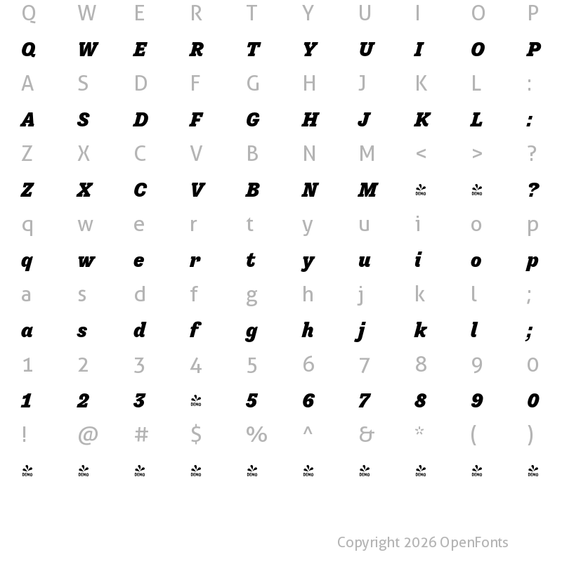 Character Map of FONTSPRING DEMO - Tenso Slab Black Italic