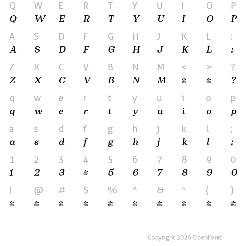 Character Map of FONTSPRING DEMO - Text Md It Italic