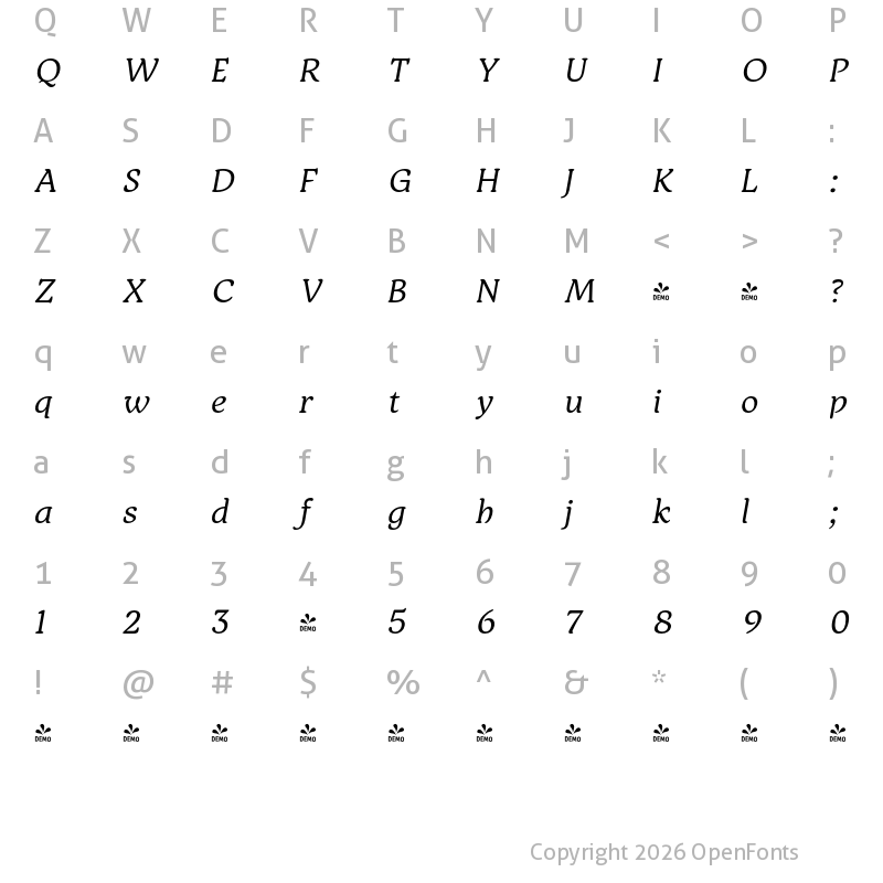 Character Map of FONTSPRING DEMO - Text Regular Italic