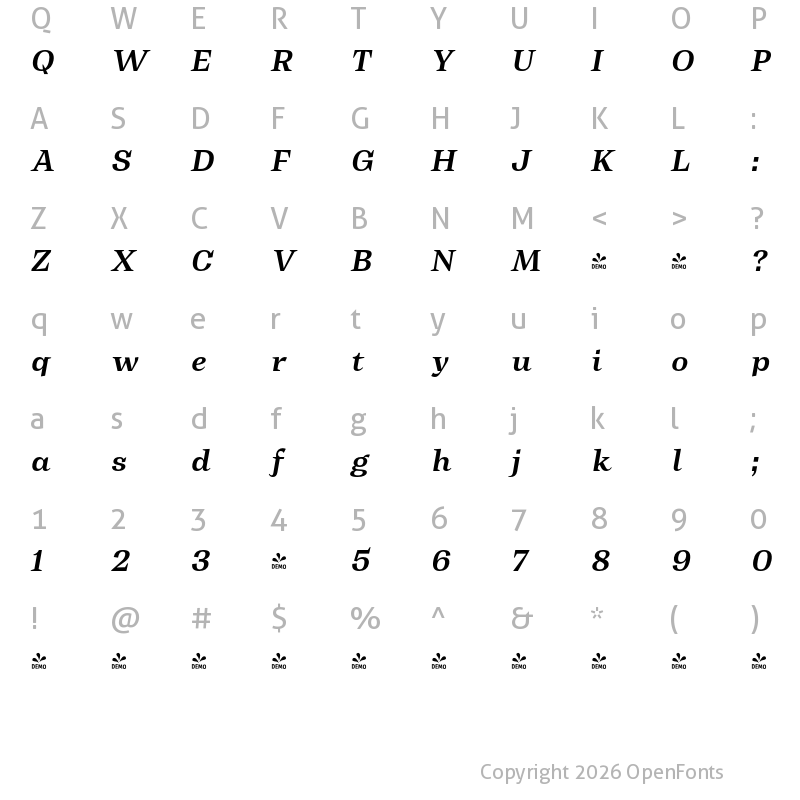 Character Map of FONTSPRING DEMO - Text SemBd It Italic