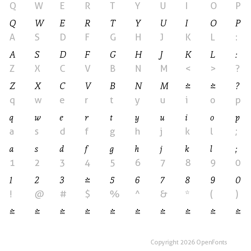 Character Map of FONTSPRING DEMO - Thalweg Italic