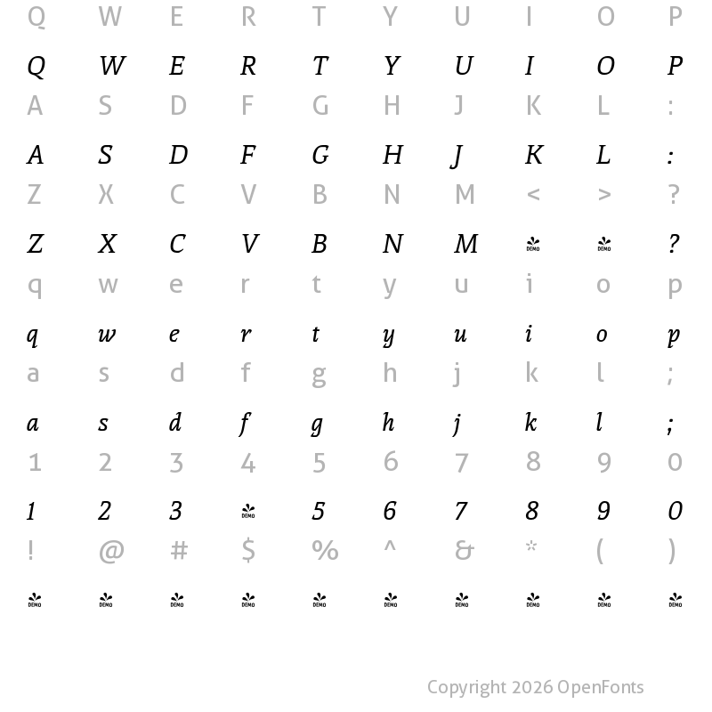 Character Map of FONTSPRING DEMO - Thalweg Medium Italic