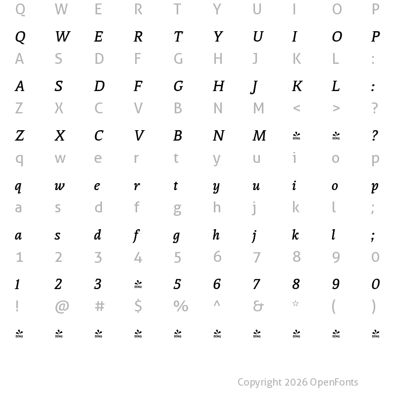 Character Map of FONTSPRING DEMO - Thalweg SemiBold Italic