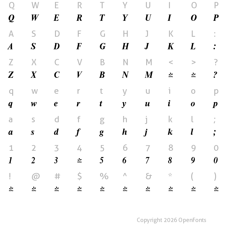 Character Map of FONTSPRING DEMO - Thames Serial Bold Italic
