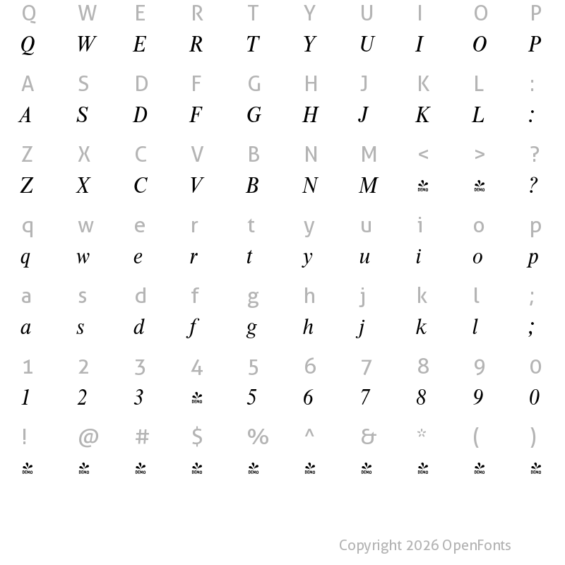 Character Map of FONTSPRING DEMO - Thames Serial Italic