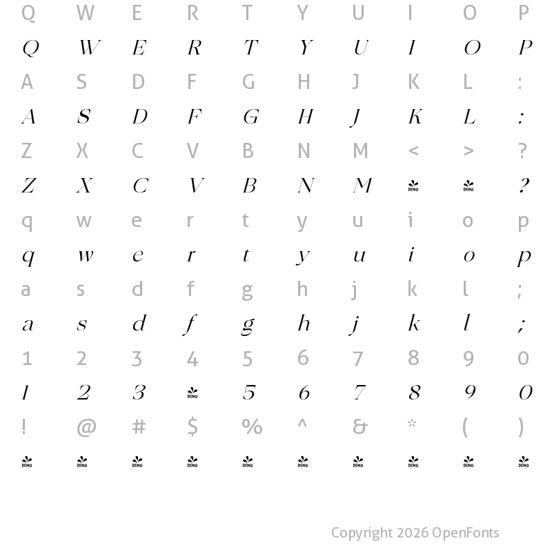 Character Map of FONTSPRING DEMO - The Hourse Serif Italic