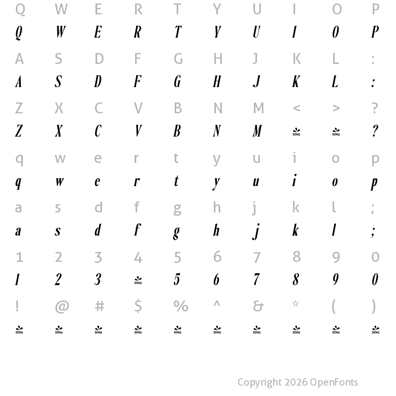 Character Map of FONTSPRING DEMO - The Qualified Cond Slant Bold