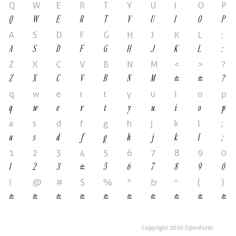 Character Map of FONTSPRING DEMO - The Qualified ExtLt Cond Italic