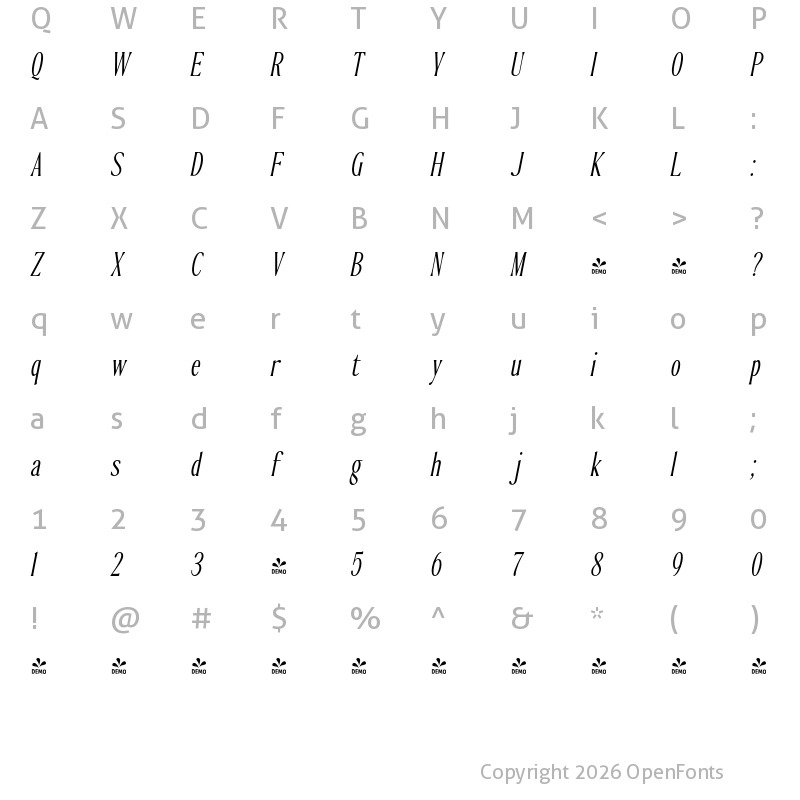 Character Map of FONTSPRING DEMO - The Qualified ExtLt Cond Slant Regular