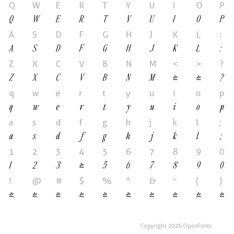 Character Map of FONTSPRING DEMO - The Qualified ExtLt Italic