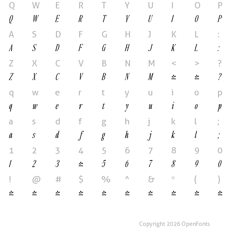 Character Map of FONTSPRING DEMO - The Qualified Light Cond Italic