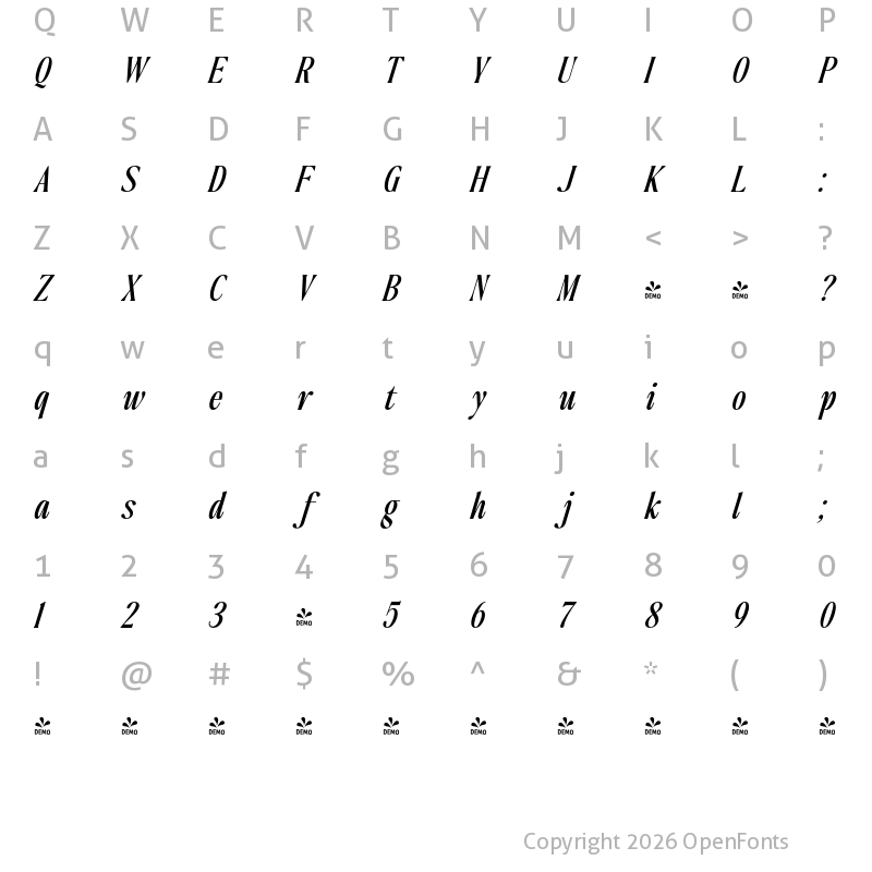 Character Map of FONTSPRING DEMO - The Qualified Med Italic
