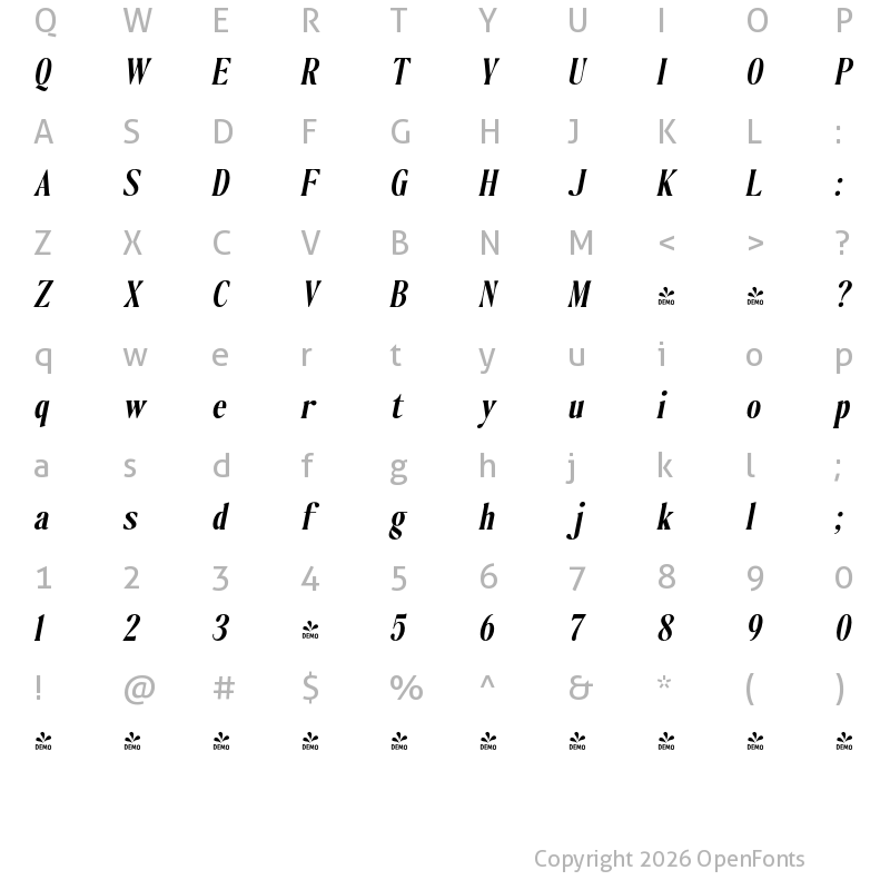 Character Map of FONTSPRING DEMO - The Qualified Slant Bold