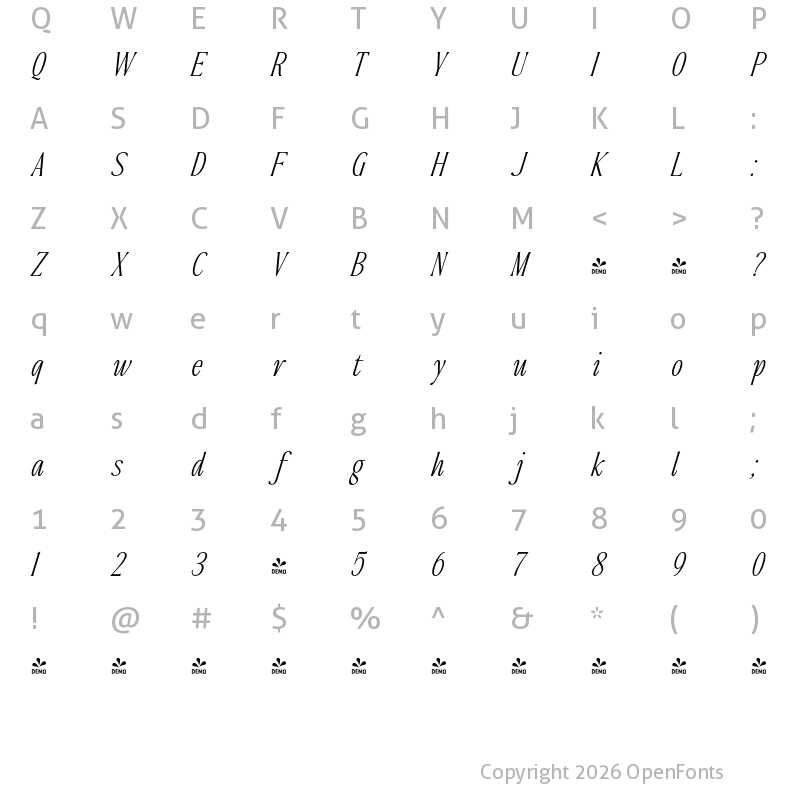 Character Map of FONTSPRING DEMO - The Qualified Thin Italic