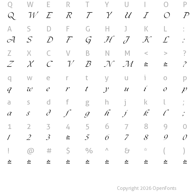 Character Map of FONTSPRING DEMO - The Seasons Italic