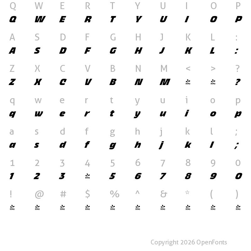 Character Map of FONTSPRING DEMO - Thicker Extrabold Italic