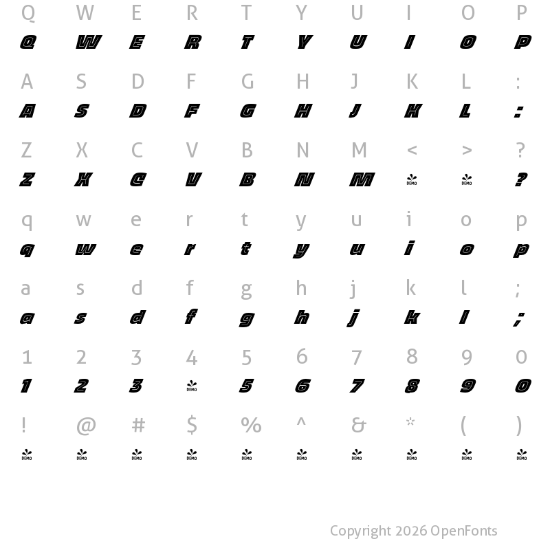 Character Map of FONTSPRING DEMO - Thicker Inline Italic Regular