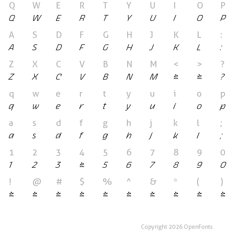 Character Map of FONTSPRING DEMO - Thicker Light Italic