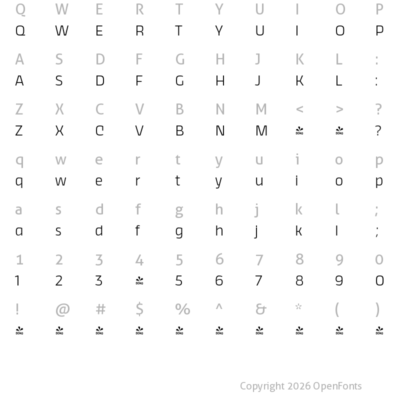 Character Map of FONTSPRING DEMO - Thicker Light Regular