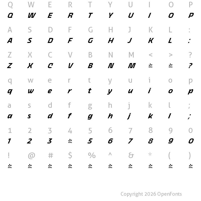 Character Map of FONTSPRING DEMO - Thicker Semibold Italic