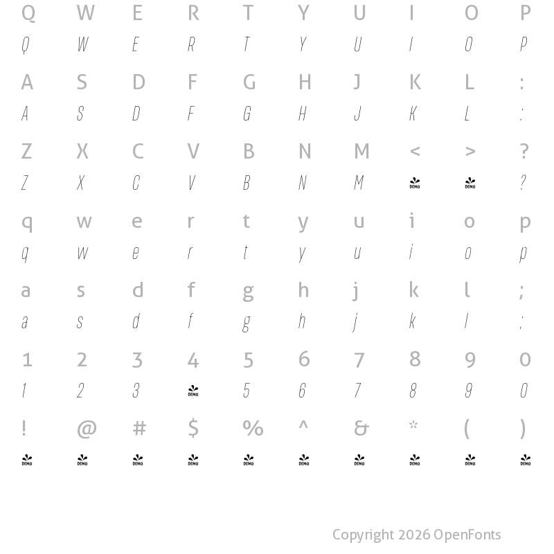 Character Map of FONTSPRING DEMO - Thin Ultra Cn It Italic