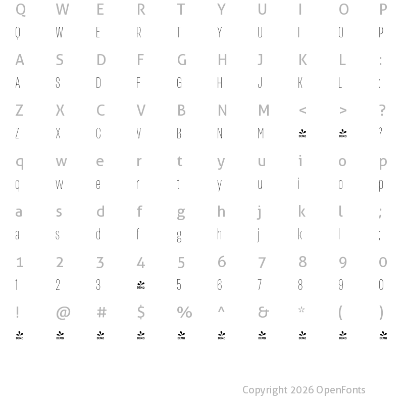 Character Map of FONTSPRING DEMO - Thin Ultra Cn Regular