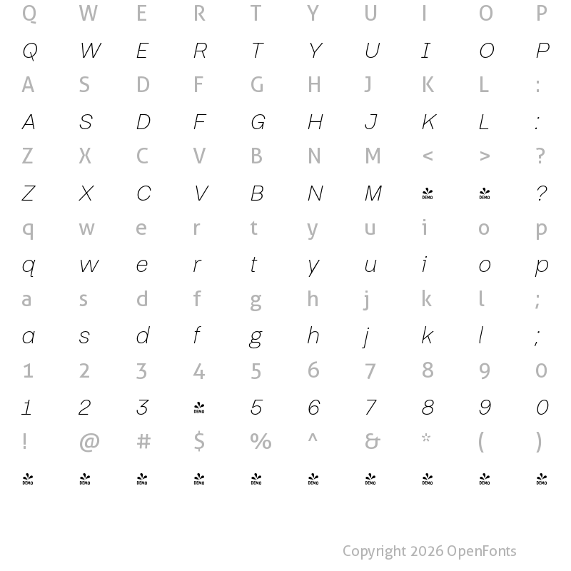 Character Map of FONTSPRING DEMO - Thorngumbald Thin Italic