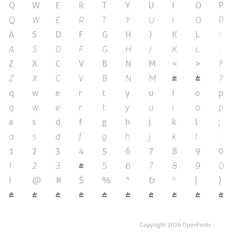 Character Map of FONTSPRING DEMO - Tide Sans Cond 100 Lil Bunny Italic