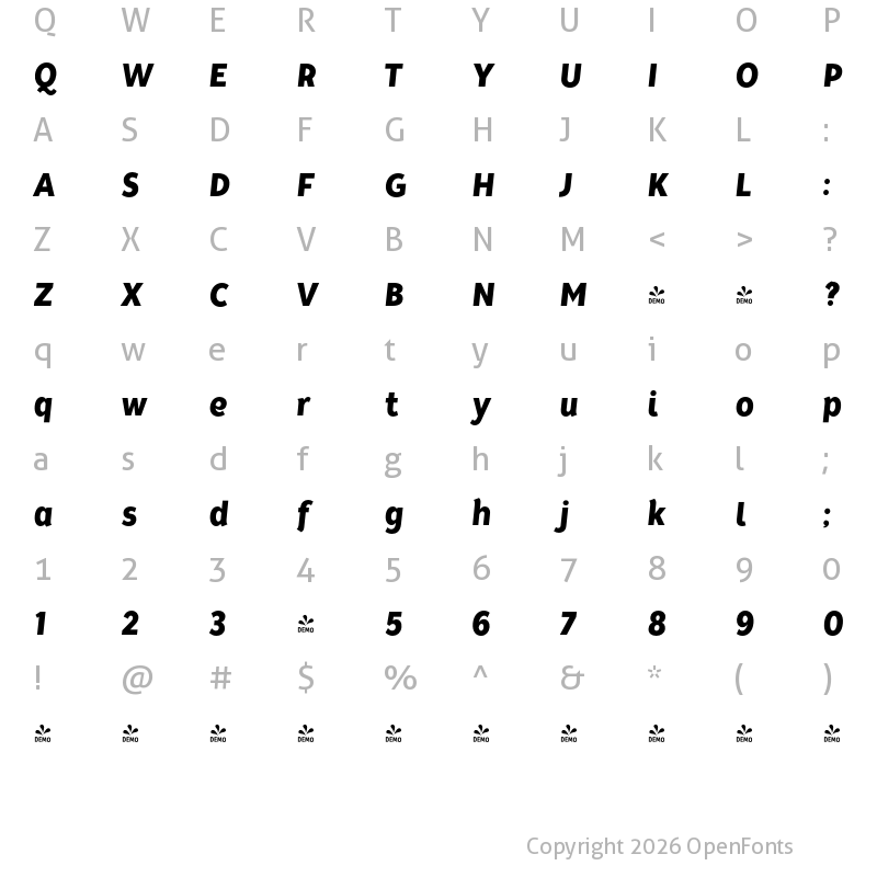 Character Map of FONTSPRING DEMO - Tide Sans Cond 600 Bunny Italic