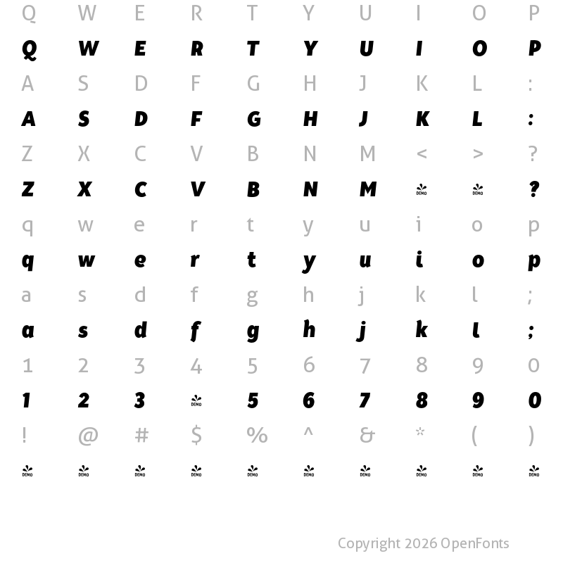 Character Map of FONTSPRING DEMO - Tide Sans Cond 700 Mondo Italic