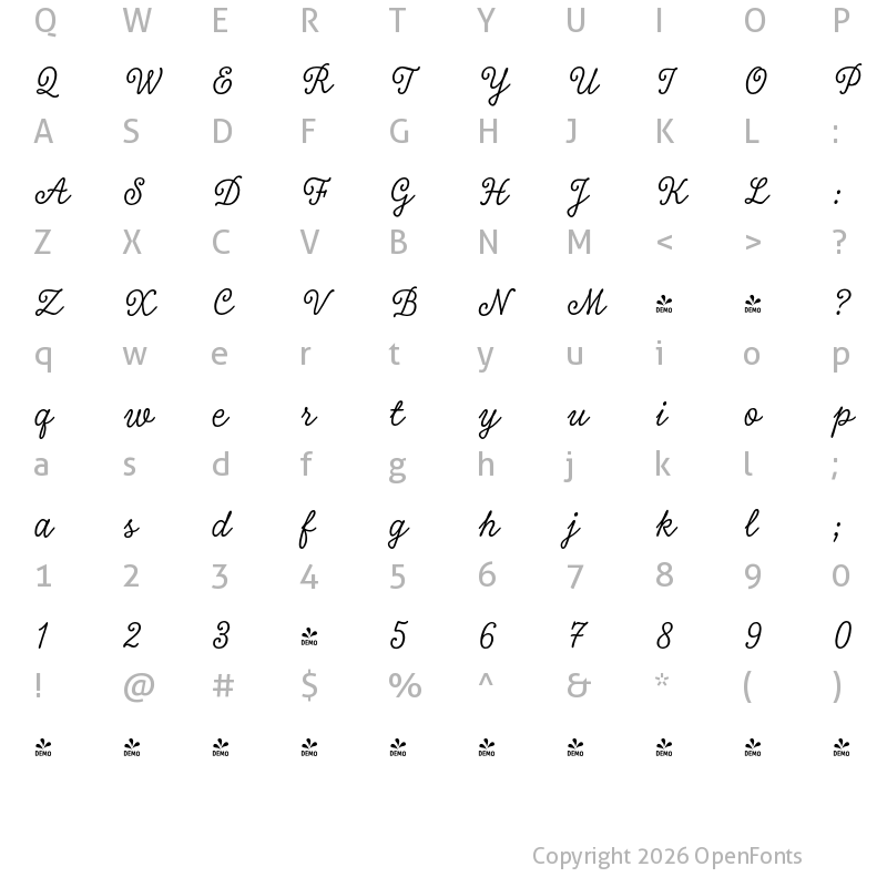 Character Map of FONTSPRING DEMO - Tierra Script Plus Regular