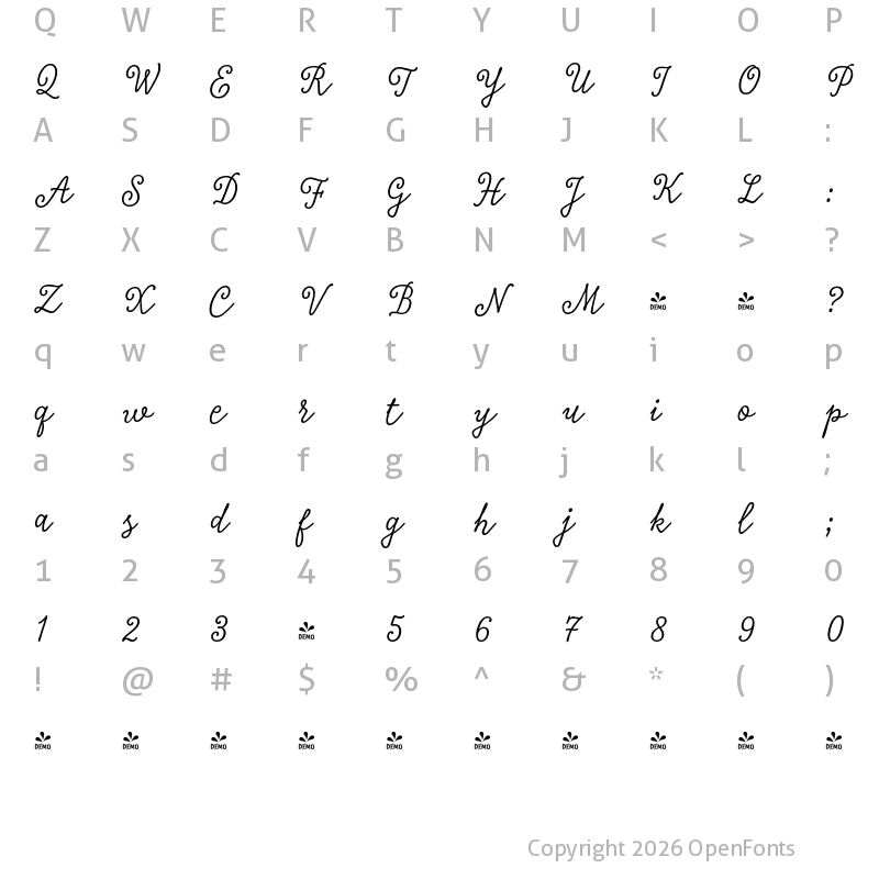 Character Map of FONTSPRING DEMO - Tierra Script Salt Regular