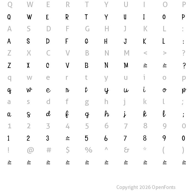 Character Map of FONTSPRING DEMO - Tiki Tiki Festival Script Regular
