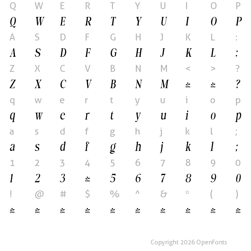 Character Map of FONTSPRING DEMO - Timeless Memories Cond Italic