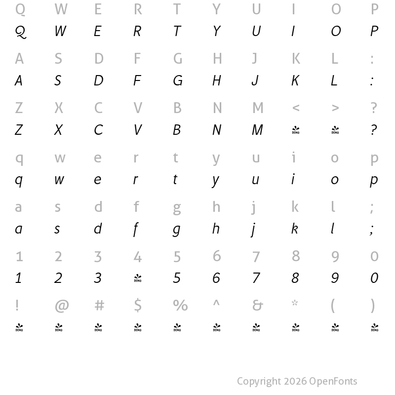 Character Map of FONTSPRING DEMO - Tip Li Italic