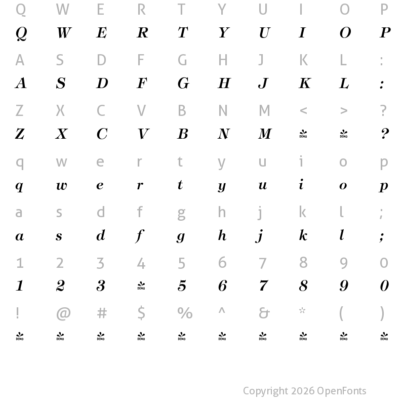 Character Map of FONTSPRING DEMO - Tipton Bold Italic