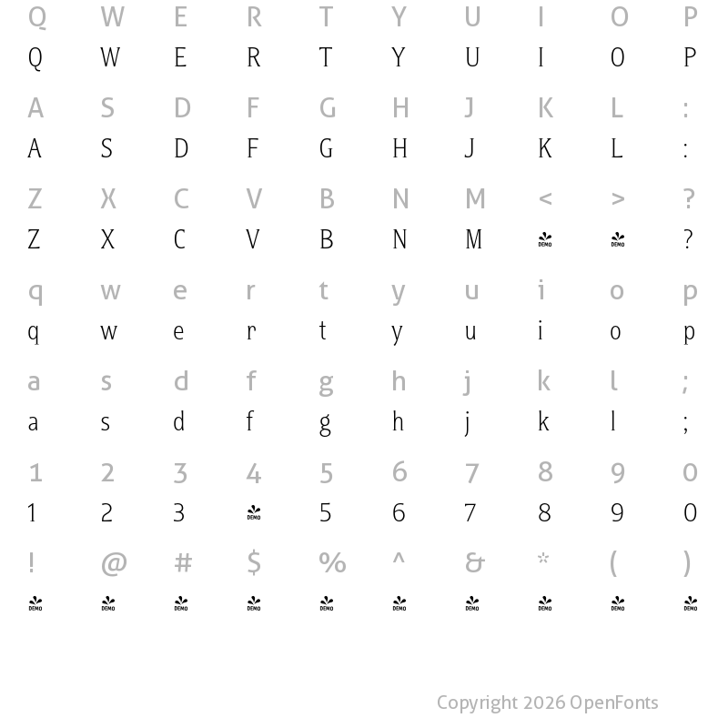 Character Map of FONTSPRING DEMO - Titla Alt Cond Light Regular