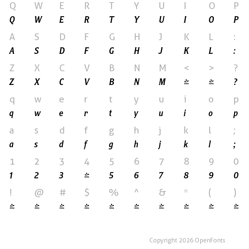 Character Map of FONTSPRING DEMO - Titla Alt Cond Medium Italic Regular