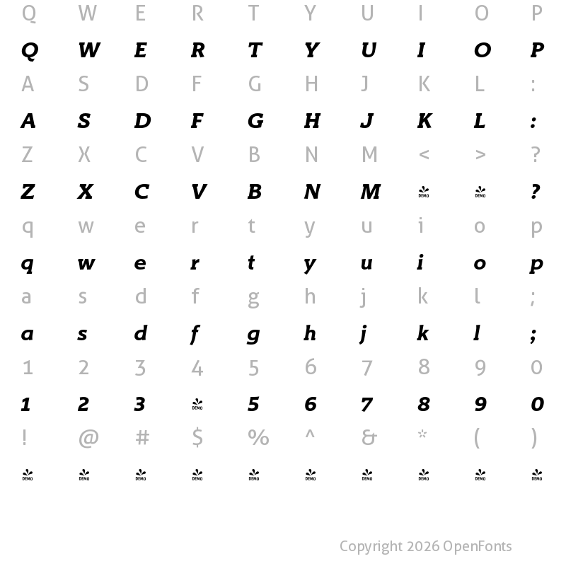 Character Map of FONTSPRING DEMO - Titla Brus Bold Italic