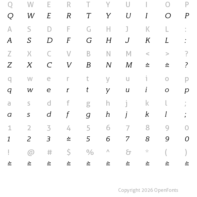 Character Map of FONTSPRING DEMO - Titla Brus Book Italic