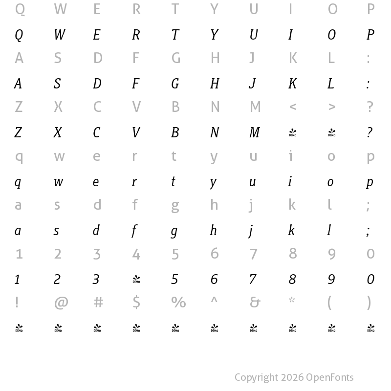 Character Map of FONTSPRING DEMO - Titla Brus Cond Book Italic
