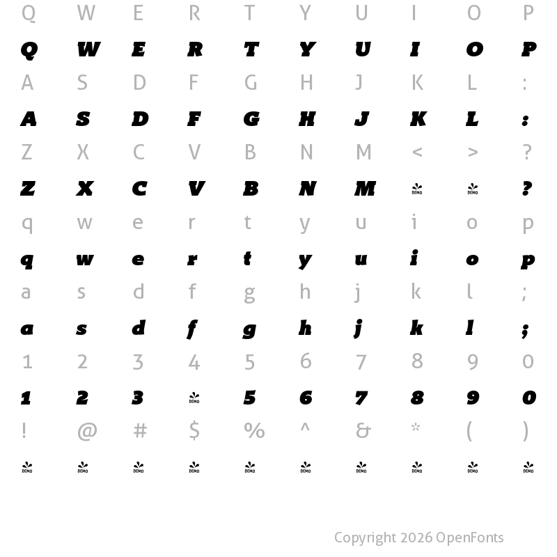 Character Map of FONTSPRING DEMO - Titla Brus Ultra Italic