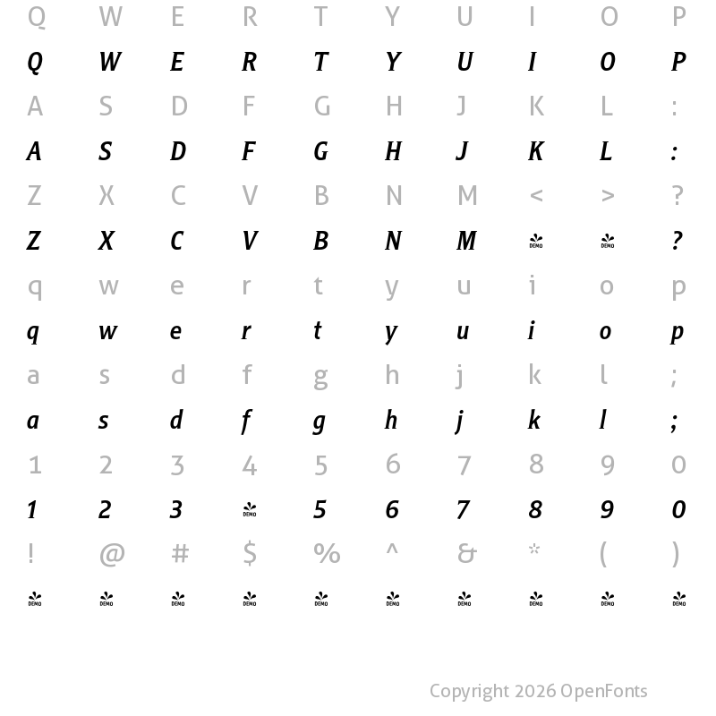 Character Map of FONTSPRING DEMO - Titla Cond Medium Italic