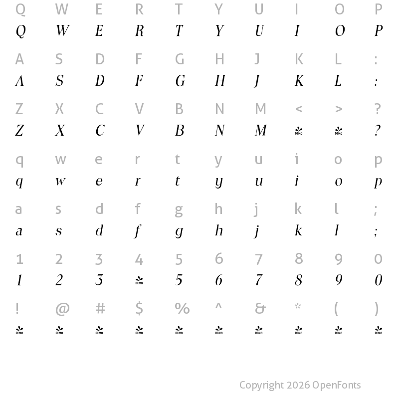 Character Map of FONTSPRING DEMO - Toledo Serial Italic