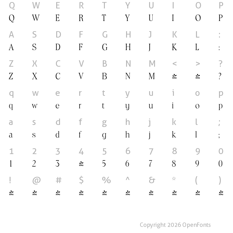 Character Map of FONTSPRING DEMO - Toledo Serial Light Regular