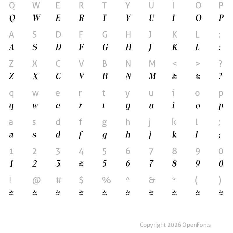 Character Map of FONTSPRING DEMO - Toledo Serial Medium Italic